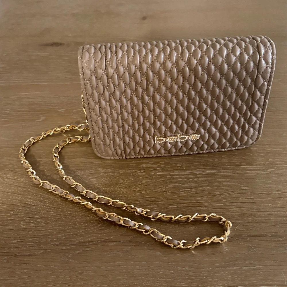 bebe Quilted Taupe Crossbody Bag with Gold Chain